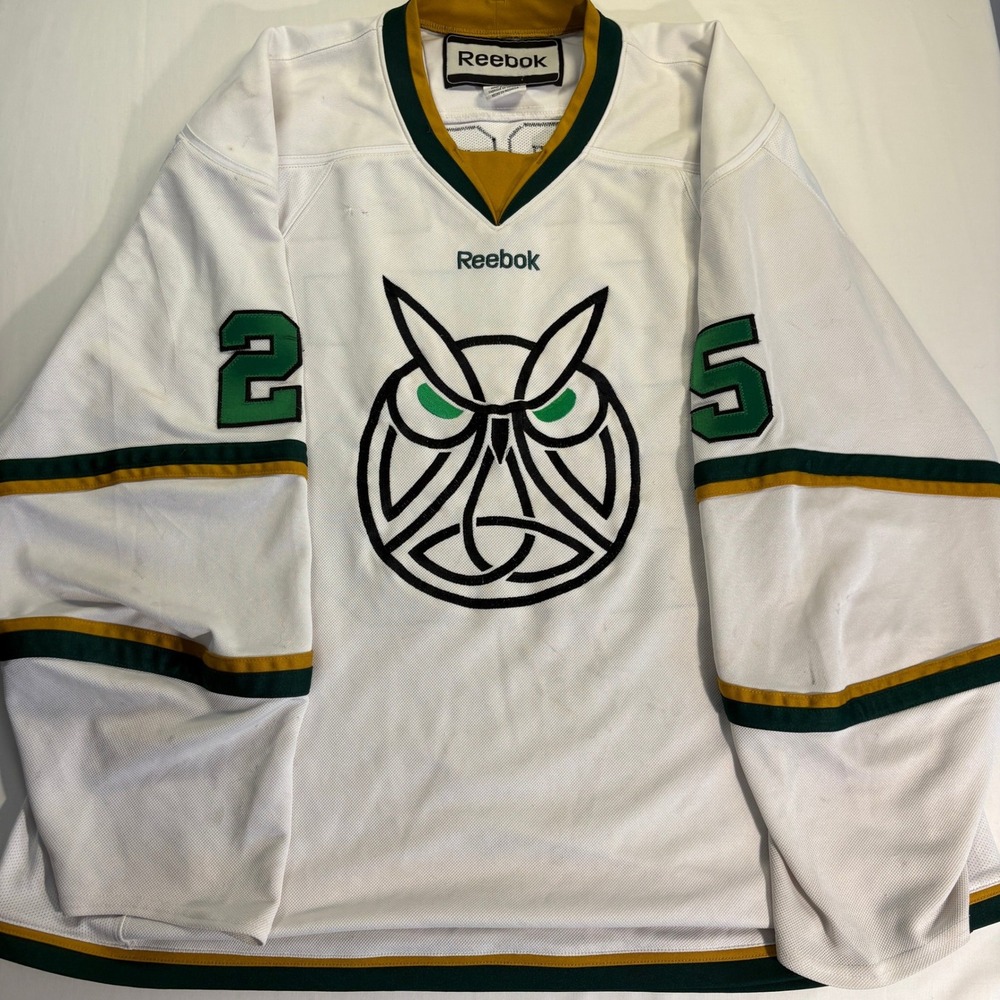 Reebok Owl Logo Hockey Jersey White Green Gold Mens XXL Number 25